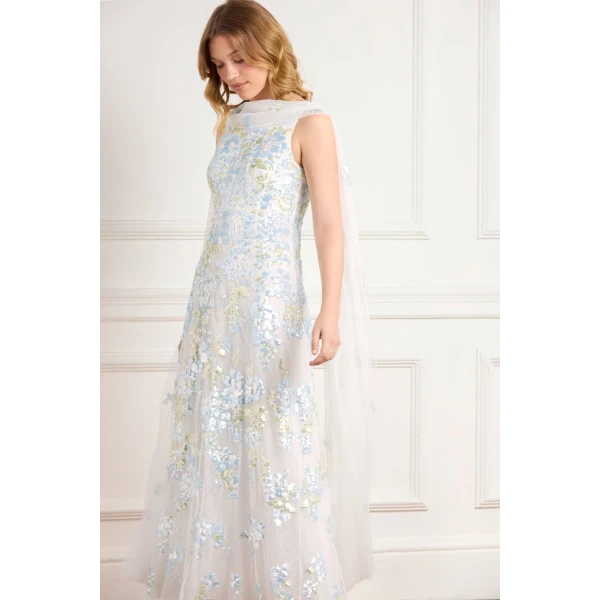 Needle & Thread Wisteria Sequin Ankle Gown in Swan White/Blue - Dresses - British Luxury Evening Wear at Luxury Shoes 