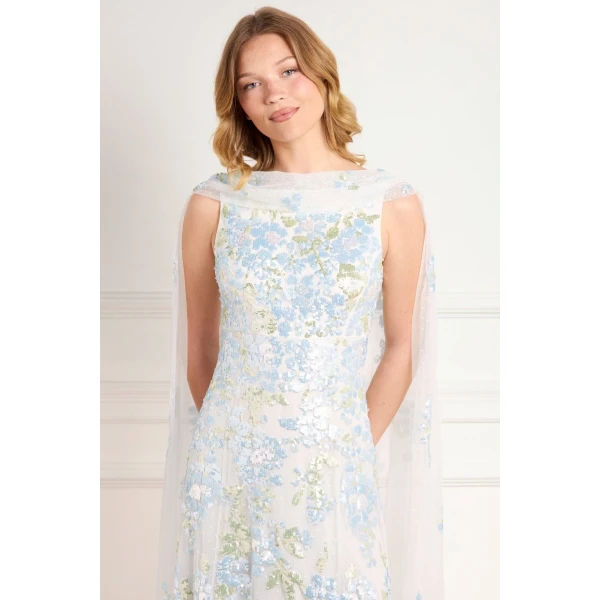 Needle & Thread Wisteria Sequin Ankle Gown in Swan White/Blue - Dresses - British Luxury Evening Wear at Luxury Shoes 