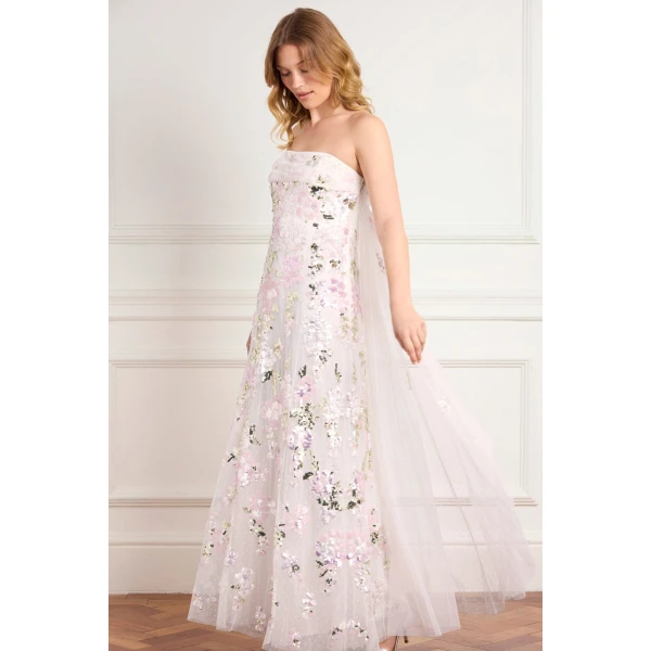 Needle & Thread Wisteria Sequin Strapless Cape Gown in Swan White/Pink - Dresses - British Luxury Evening Wear at Luxury Shoes 