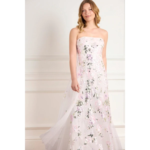 Needle & Thread Wisteria Sequin Strapless Cape Gown in Swan White/Pink - Dresses - British Luxury Evening Wear at Luxury Shoes 