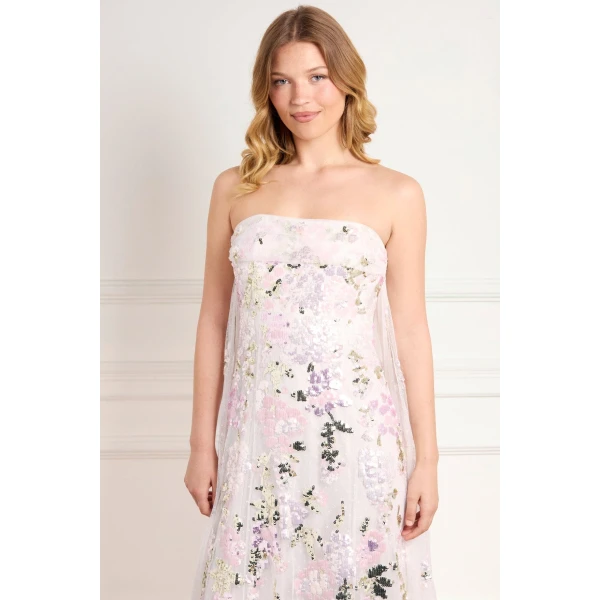Needle & Thread Wisteria Sequin Strapless Cape Gown in Swan White/Pink - Dresses - British Luxury Evening Wear at Luxury Shoes 