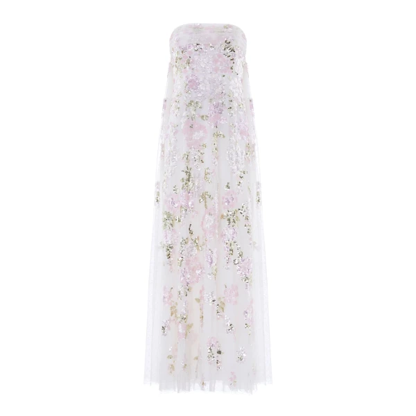 Needle & Thread Wisteria Sequin Strapless Cape Gown in Swan White/Pink - Dresses - British Luxury Evening Wear at Luxury Shoes 