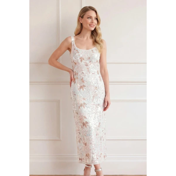 Needle & Thread Wisteria Shimmer Georgette Ankle Gown in Cream/Blue - Dresses - British Luxury Evening Wear at Luxury Shoes 
