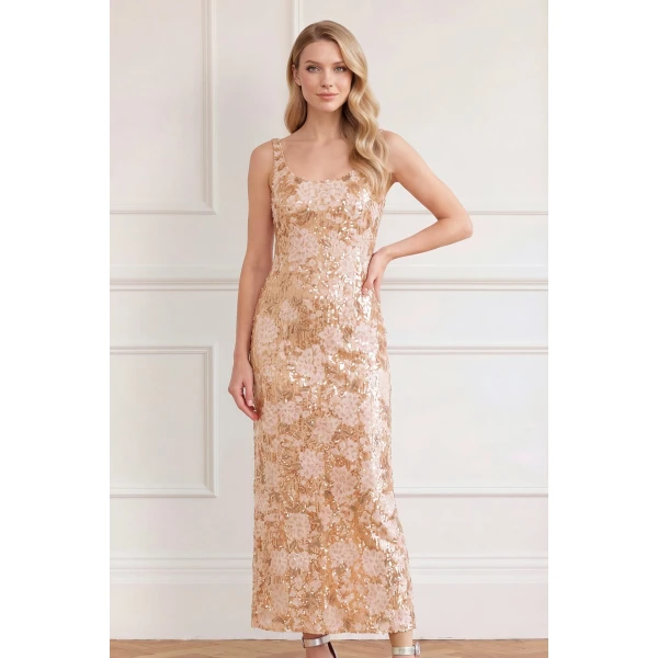 Needle & Thread Wisteria Shimmer Georgette Ankle Gown in Pale Gold/Pink - Dresses - British Luxury Evening Wear at Luxury Shoes 