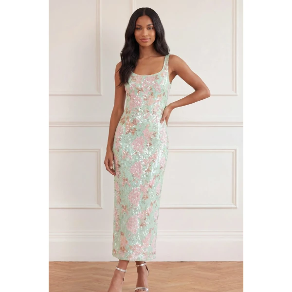Needle & Thread Wisteria Shimmer Georgette Ankle Gown in Soft Mint/Pink - Dresses - British Luxury Evening Wear at Luxury Shoes 