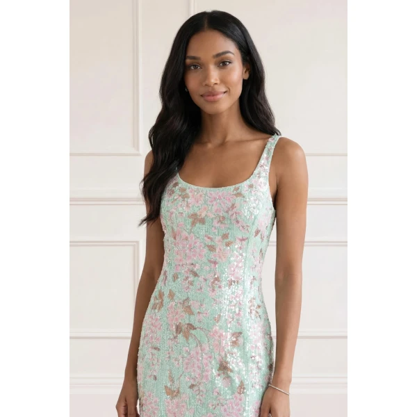 Needle & Thread Wisteria Shimmer Georgette Ankle Gown in Soft Mint/Pink - Dresses - British Luxury Evening Wear at Luxury Shoes 