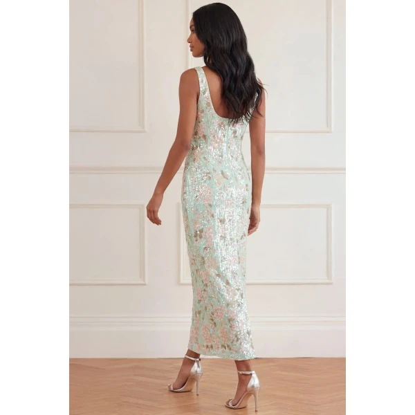 Needle & Thread Wisteria Shimmer Georgette Ankle Gown in Soft Mint/Pink - Dresses - British Luxury Evening Wear at Luxury Shoes 