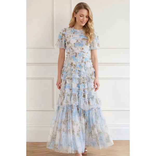 Needle & Thread Wisteria Valentine Ruffle Gown in Optic White/Blue - Dresses - British Luxury Evening Wear at Luxury Shoes 