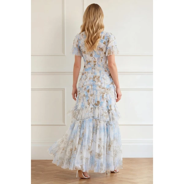Needle & Thread Wisteria Valentine Ruffle Gown in Optic White/Blue - Dresses - British Luxury Evening Wear at Luxury Shoes 