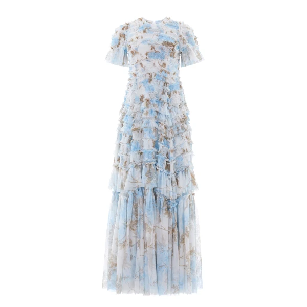 Needle & Thread Wisteria Valentine Ruffle Gown in Optic White/Blue - Dresses - British Luxury Evening Wear at Luxury Shoes 