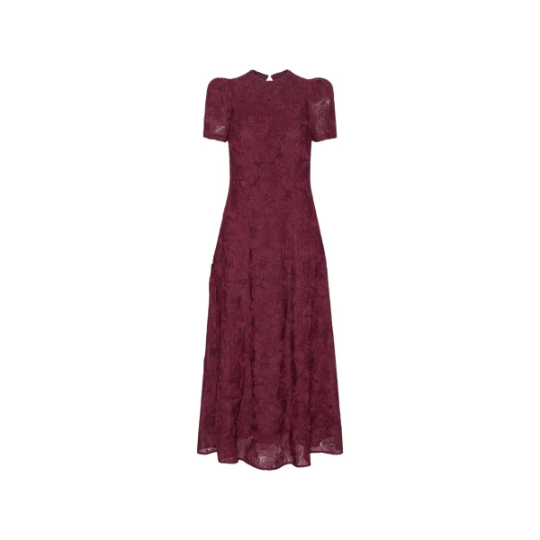 Flower Mesh Flared Dress Bordeaux