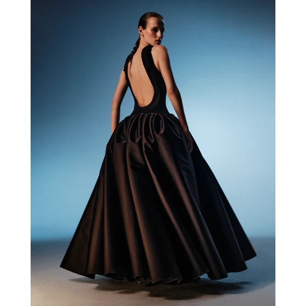 crepe and satin maxi dress with a voluminous skirt