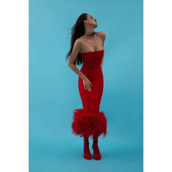 crepe long midi dress with fringe