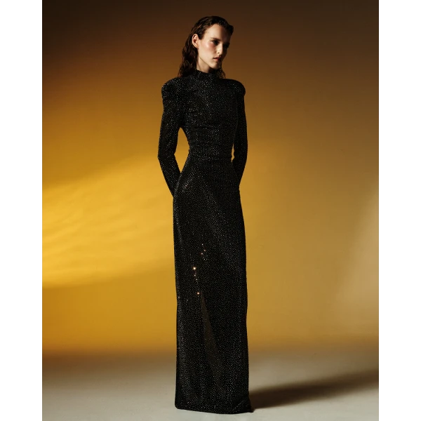 crystal-embellished mesh maxi dress with voluminous shoulders