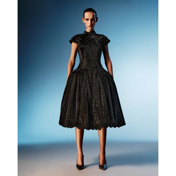 crystal-embellished mesh midi dress with a voluminous skirt