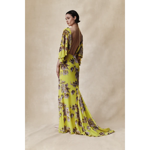 devoré velvet maxi dress with cowl back and train