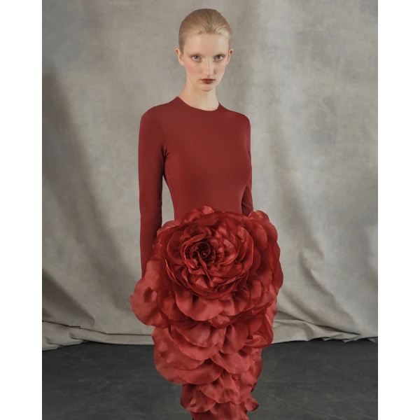 knit midi dress with a silk organza flower