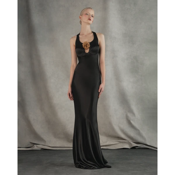 satin maxi dress with a flower