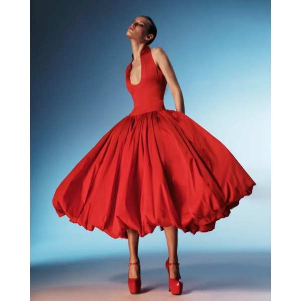 satin midi dress with a voluminous taffeta skirt
