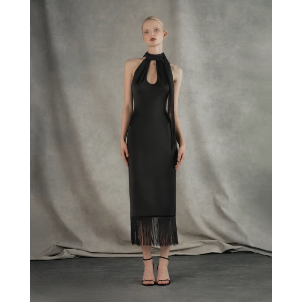 satin midi dress with fringe trim