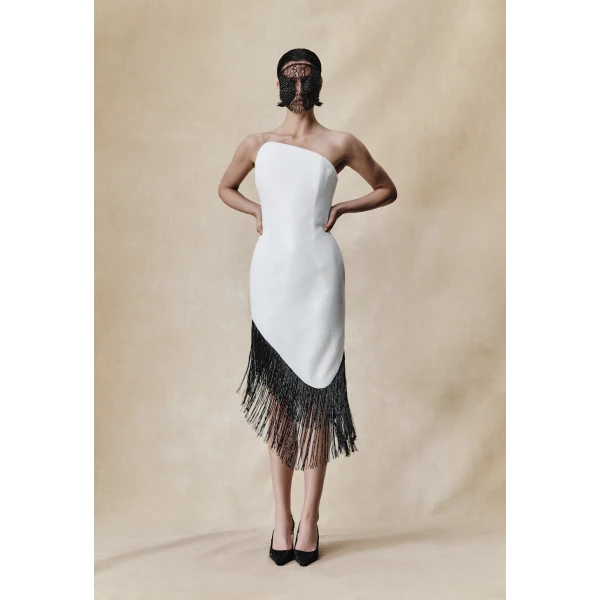 sequin asymmetric midi dress with beaded fringe