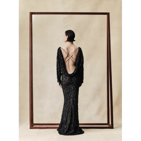 sequin chiffon maxi dress with batwing sleeves