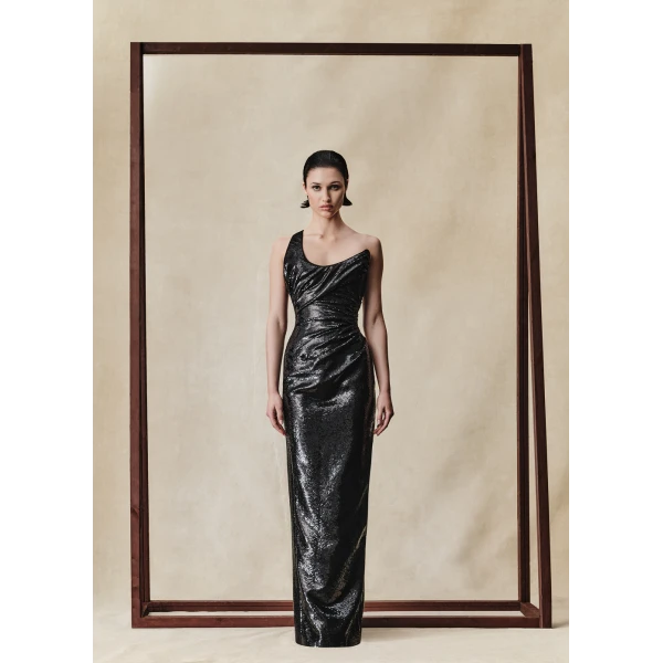 sequin corset draped maxi dress
