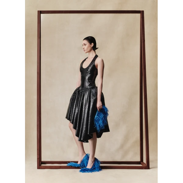 sequin midi dress with asymmetric voluminous skirt