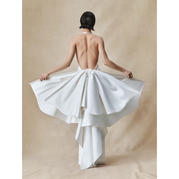 structured satin maxi dress with detachable butterfly train