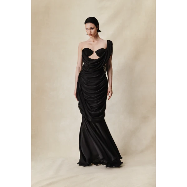 viscose and silk corset maxi dress with draping