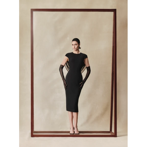 viscose and silk midi dress with cowl back