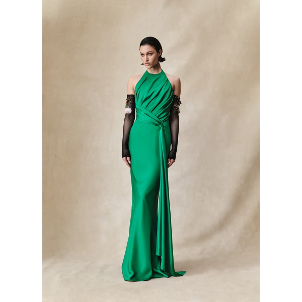 viscose crepe maxi dress with train