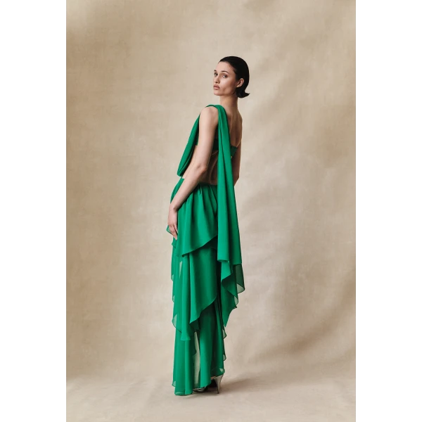 chiffon asymmetric maxi dress with draping