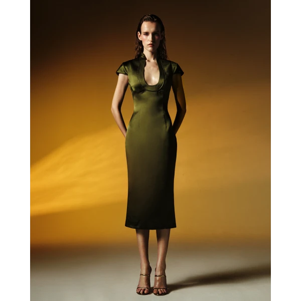 satin midi dress with piping trim