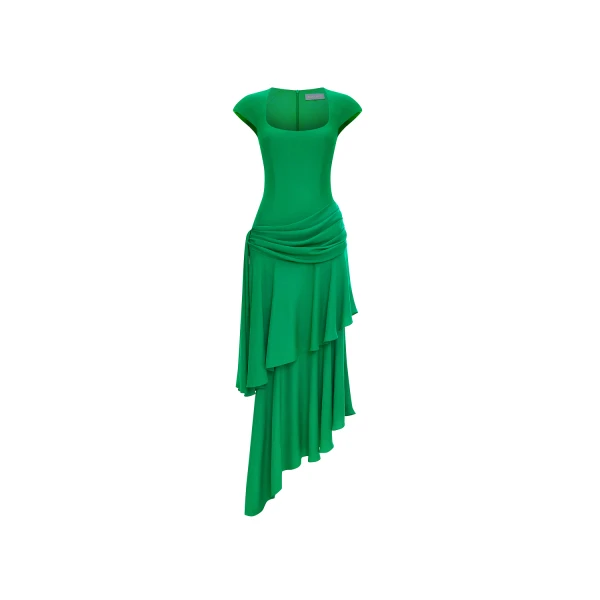 viscose crepe asymmetric maxi dress with draping