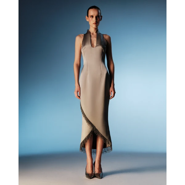 satin midi dress with fringe trim
