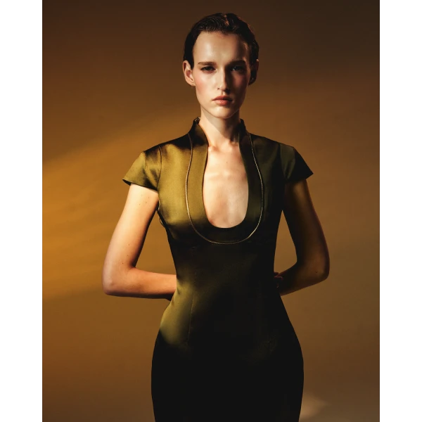satin midi dress with piping trim