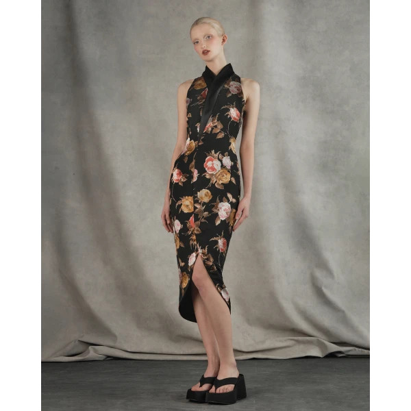 chiffon-devoré and satin midi dress
