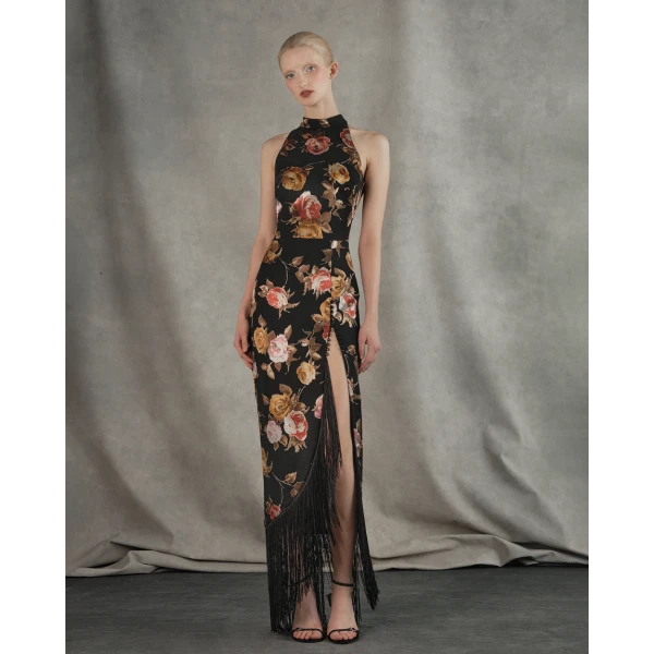 chiffon-devoré maxi dress with fringe trim