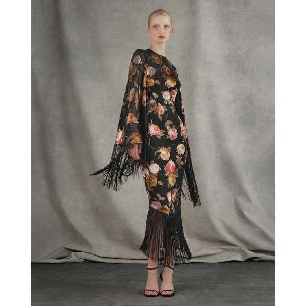 chiffon-devoré midi dress with fringe trim