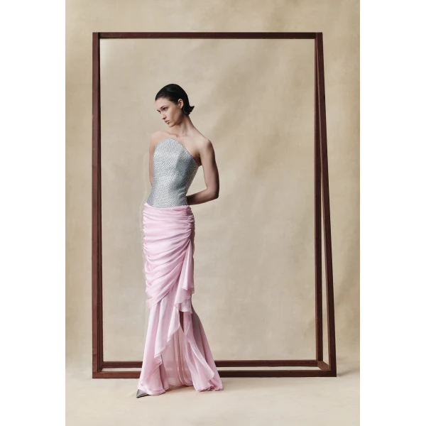 crystal corset and silk chiffon dress