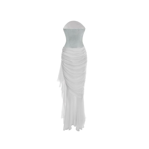 silver and white evening dress