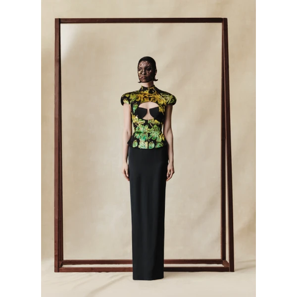 devoré velvet and crepe maxi dress with front cutout