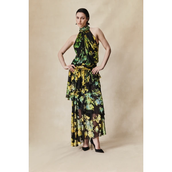devoré velvet maxi dress with ruffles and open back