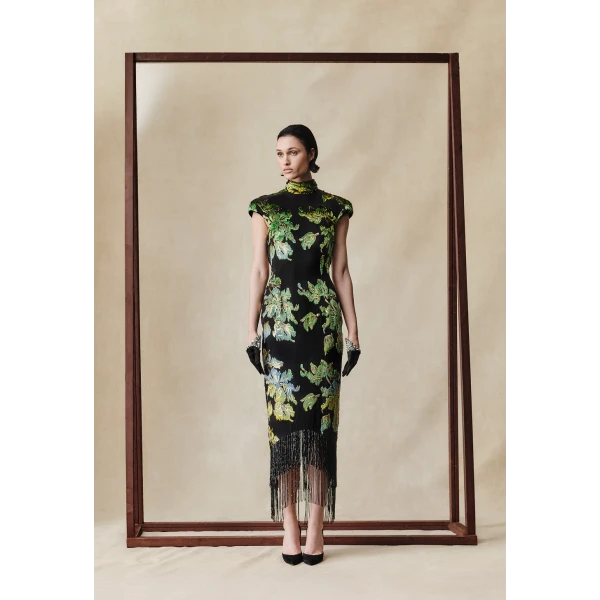 devoré velvet midi dress with beaded fringe