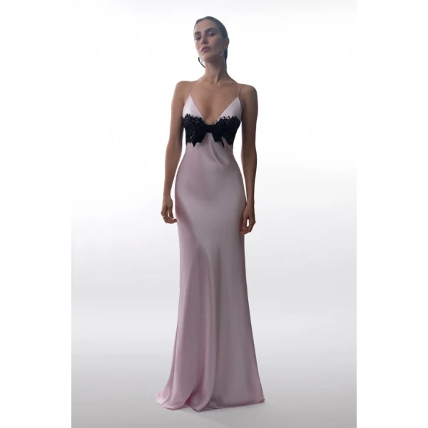floral printed satin and lace maxi dress with a bow