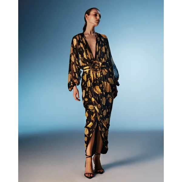 printed silk chiffon draped midi dress