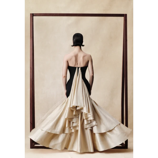 viscose and silk corset maxi dress with ruffles