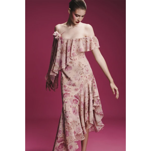 asymmetrical printed chiffon midi dress with flounces