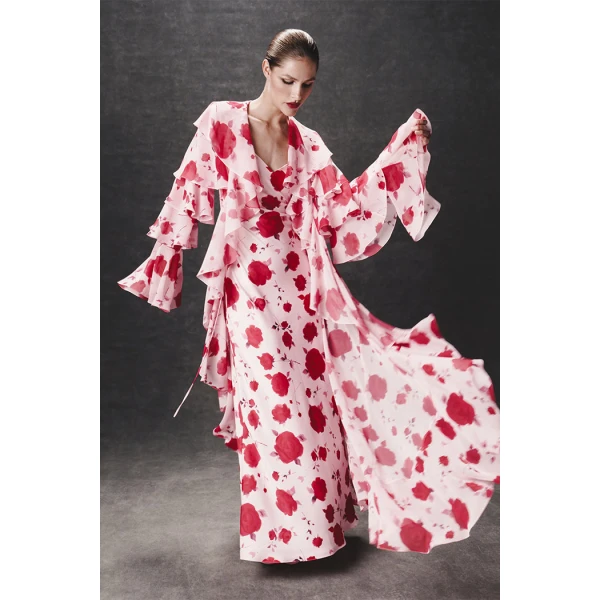 printed chiffon maxi gown with flounces and ties